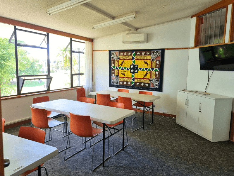 Meeting Room 2 - Full Room with windows and African art on the wall. TV and tables and chairs visible in image.