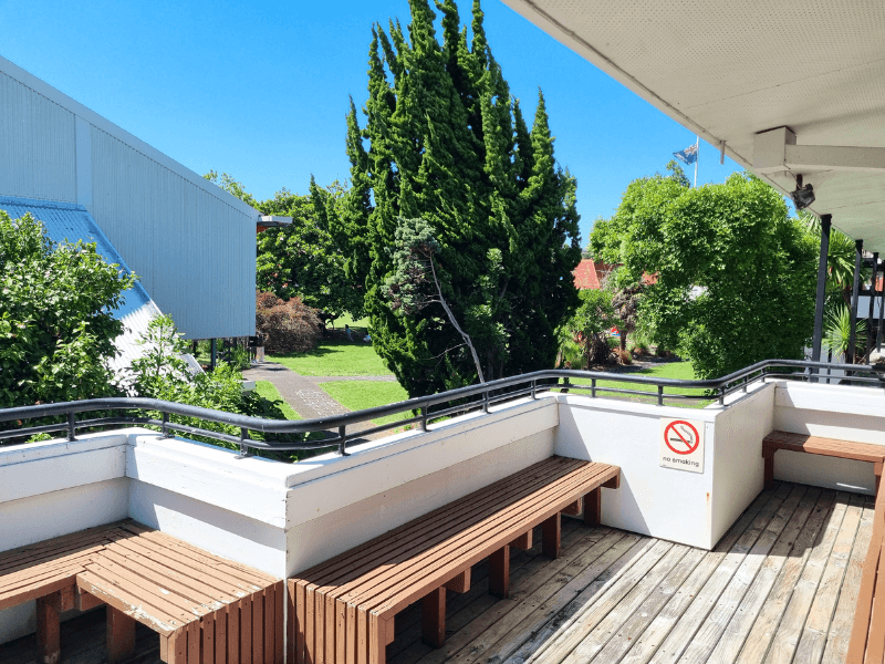 Balcony of meeting room 1 overlooking the park in Browns Bay. Blue skies and green trees can be seen